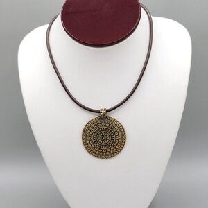 Round Mandala Medallion Choker Necklace Leather Cord Boho Gold Tone
